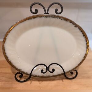 VTG Fire King Golden Anniversary Oval Milk Glass Gold Trim Serving Platter 12"